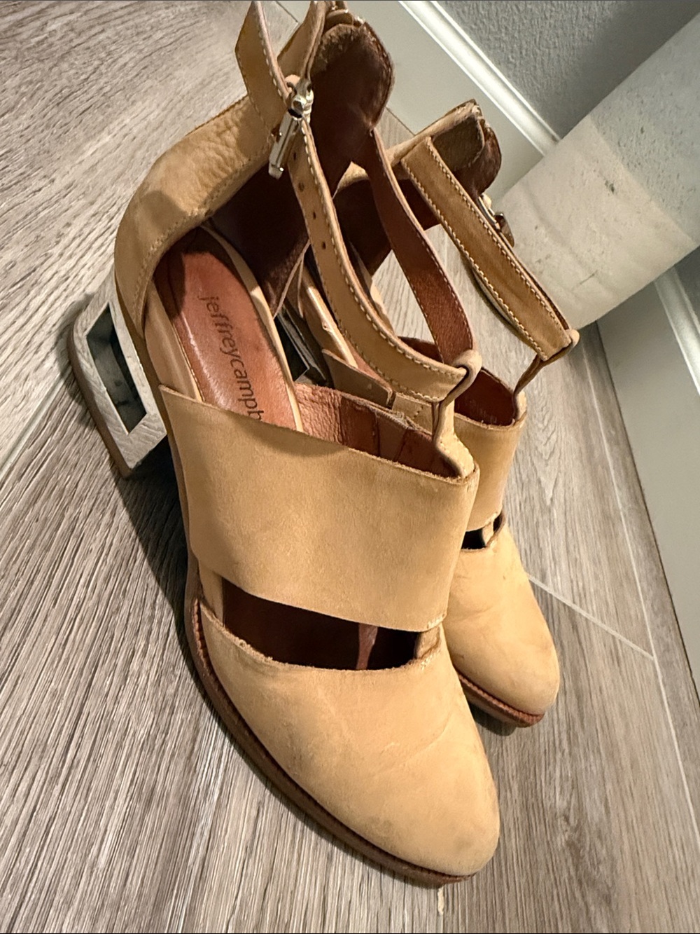 Jeffrey Campbell Mustard Tan Cutout Ankle Strap Heels